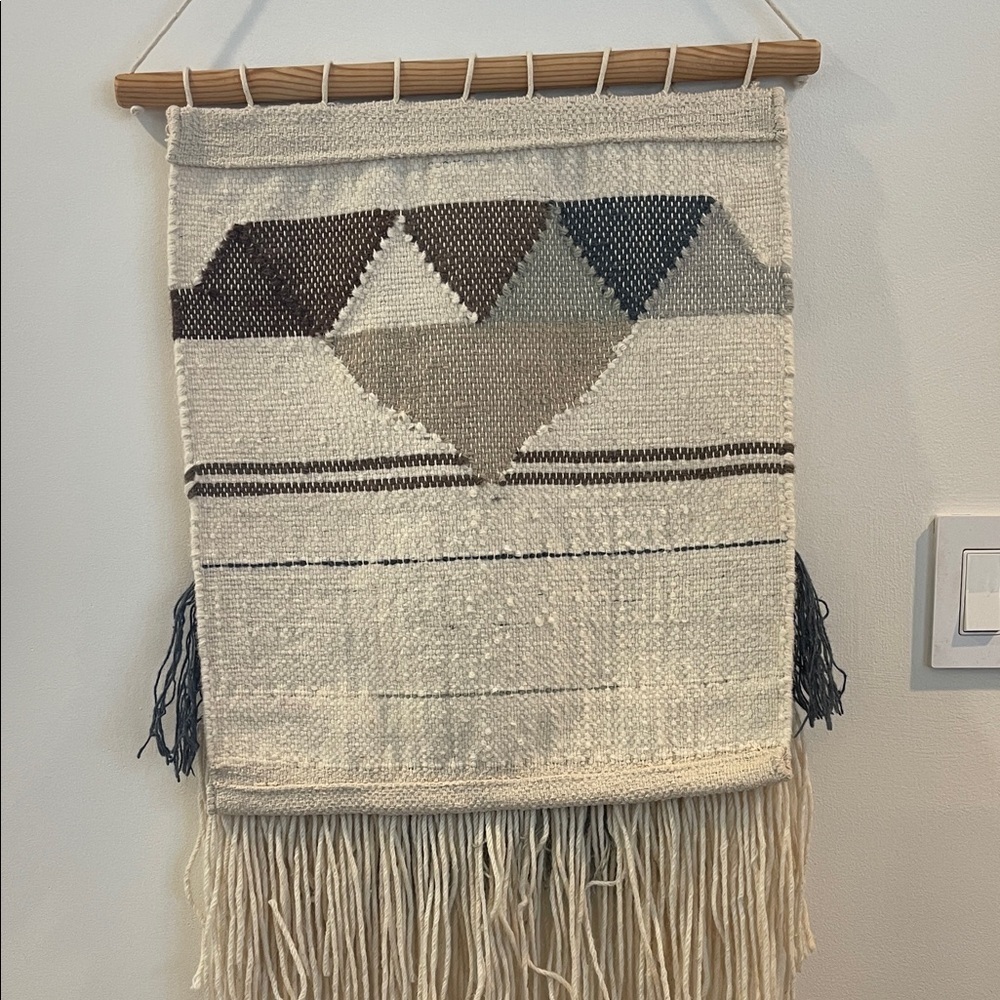 Bohemian Woven Wall Hanging Tapestry with Fringe and Wood Rail - Picture 6 of 6